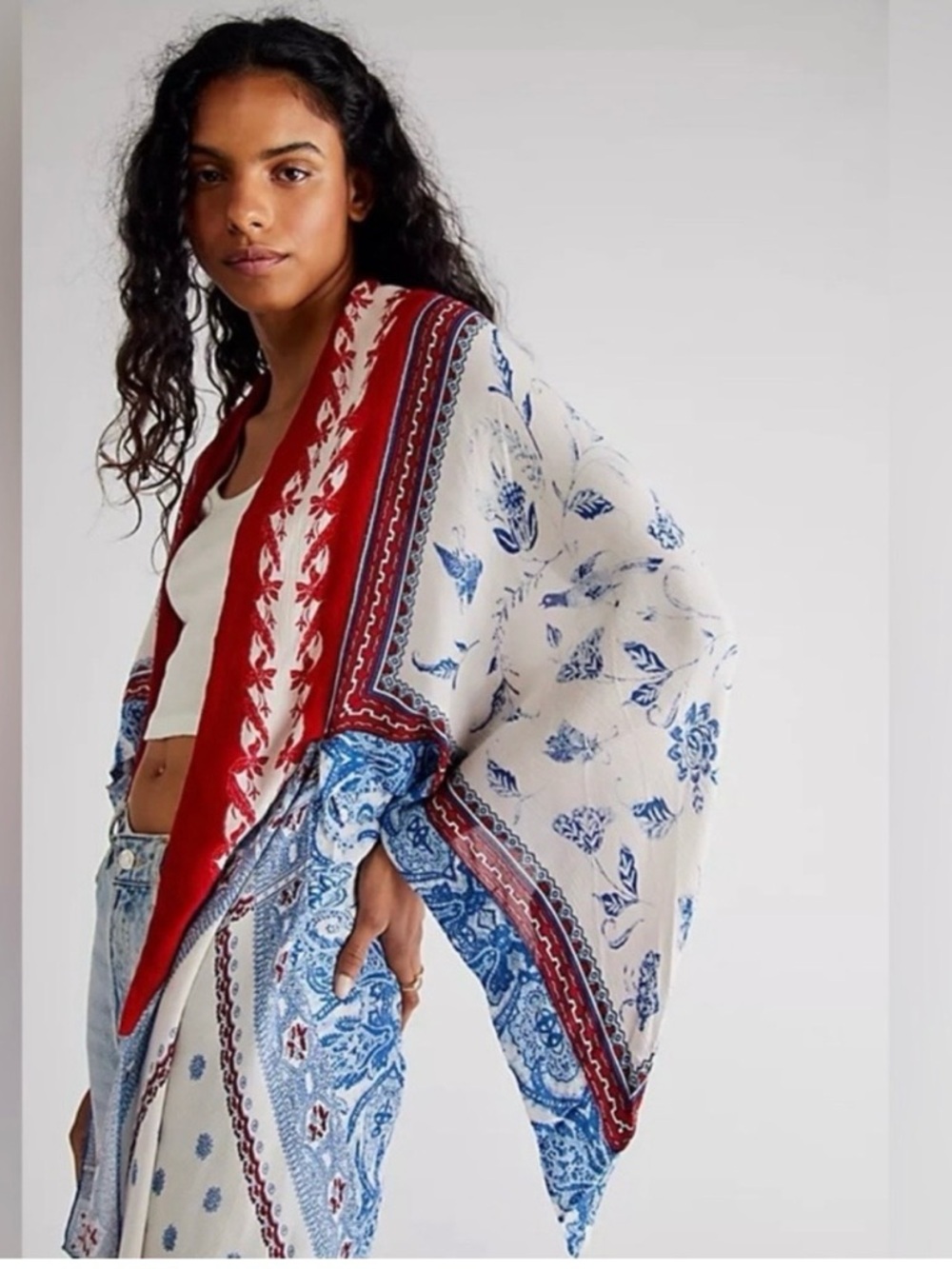 Free People White Kimono Wrap with Blue Floral Print & Red Trim